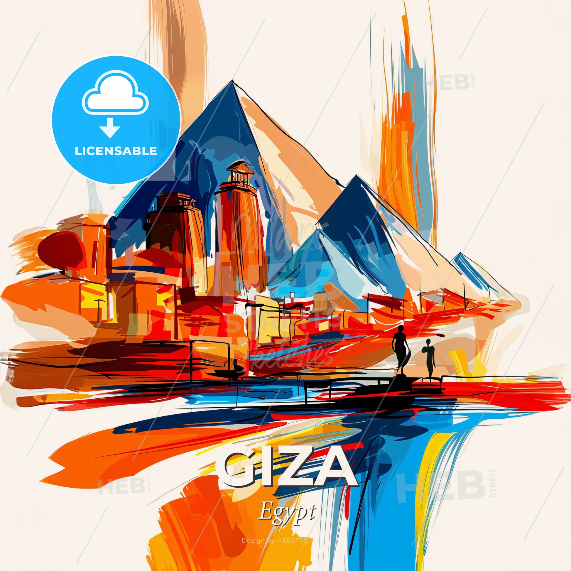 Vibrant Giza, Egypt - A Painting Of A City And Pyramids - Square format print template