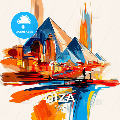 Vibrant Giza, Egypt - A Painting Of A City And Pyramids - Square format print template