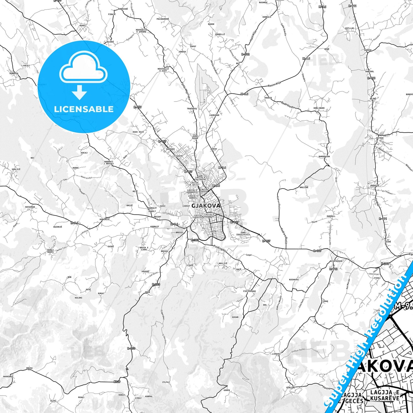 Gjakovë / Đakovica, Kosovo light map with streetnames, citynames and districts