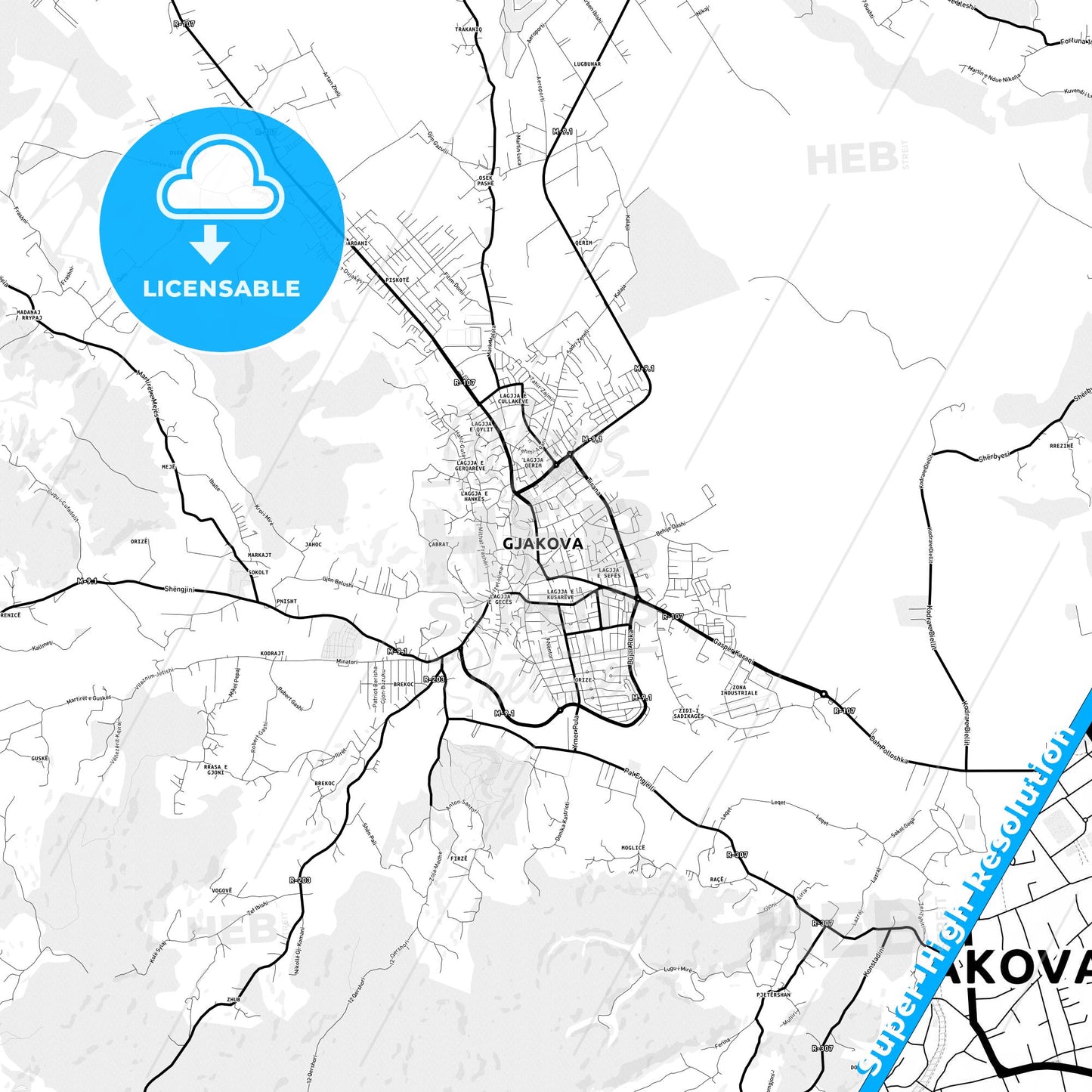 Gjakovë / Đakovica, Kosovo Light Map with Street Names, City Names, and Districts