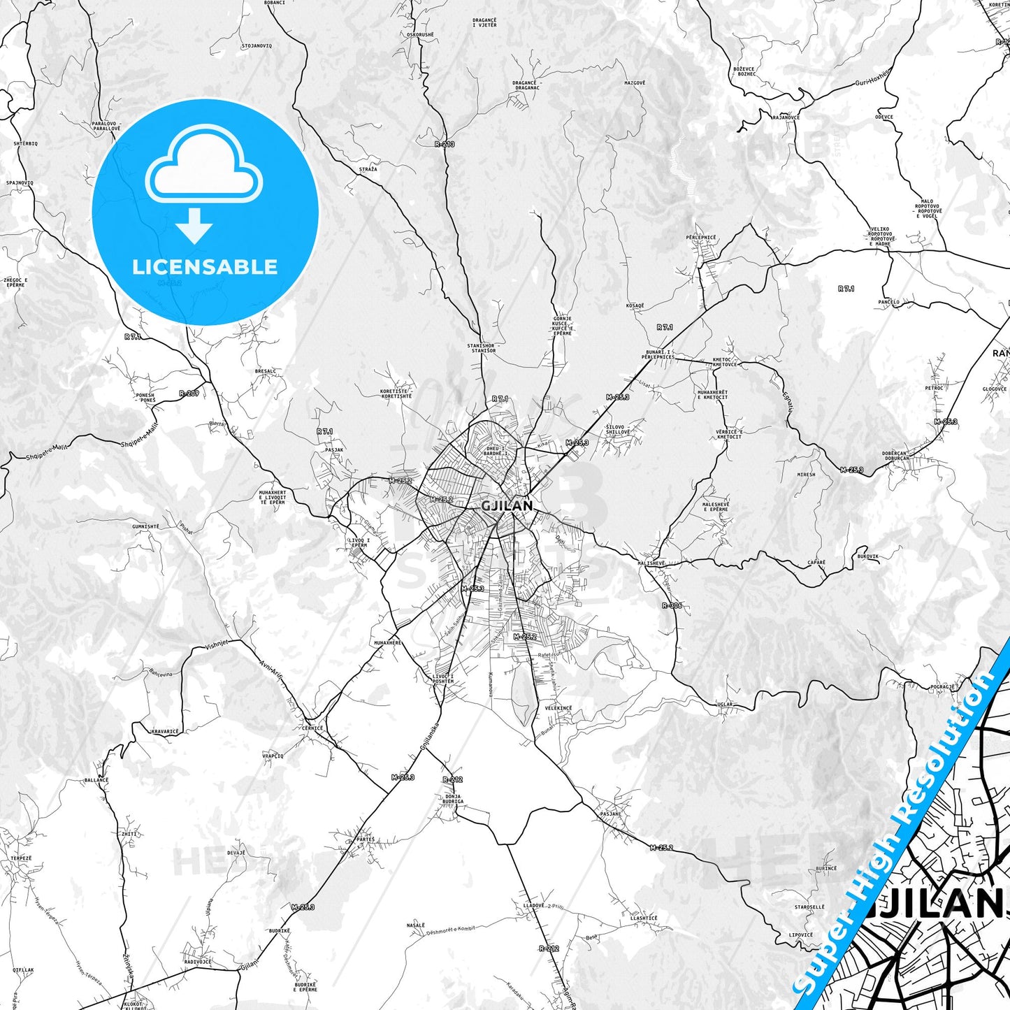 Gjilani / Gnjilane, Kosovo light map with streetnames, citynames and districts
