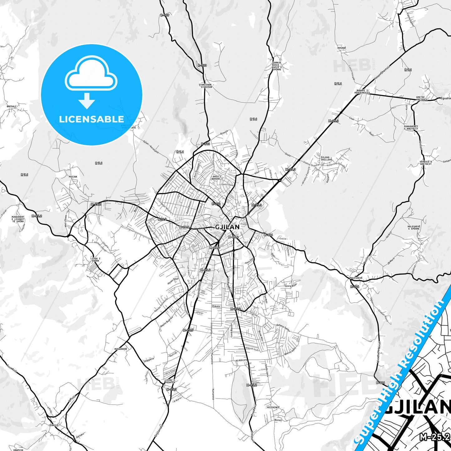 Gjilani / Gnjilane, Kosovo Light Map with Street Names, City Names, and Districts