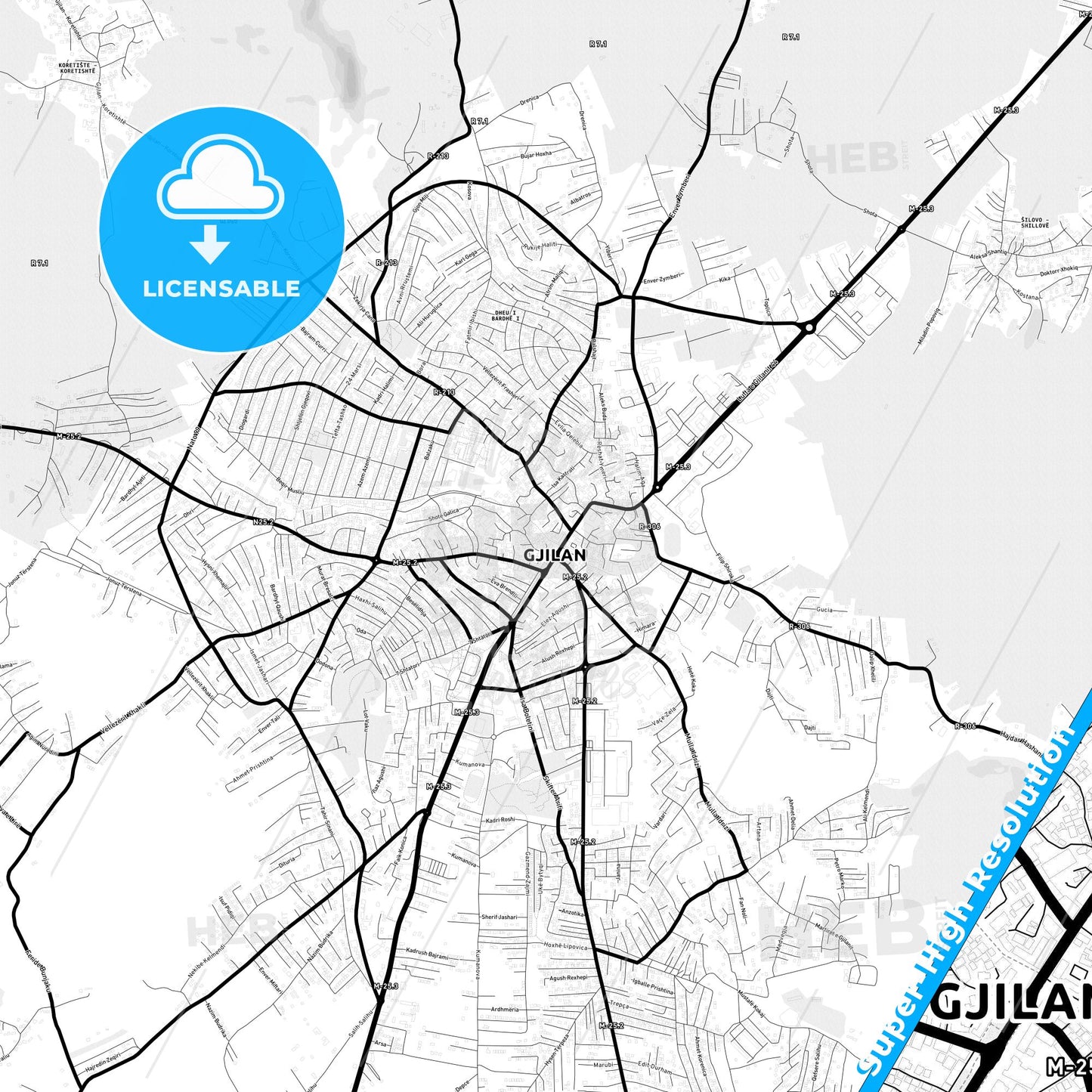 Gjilani / Gnjilane, Kosovo Light Map with Street Names, City Names, and Districts