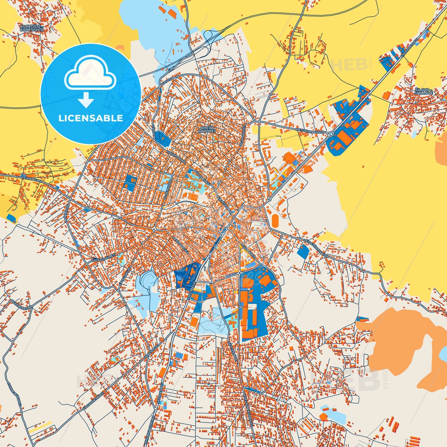 Colorful Gjilani / Gnjilane Street Map with Labels and Buildings