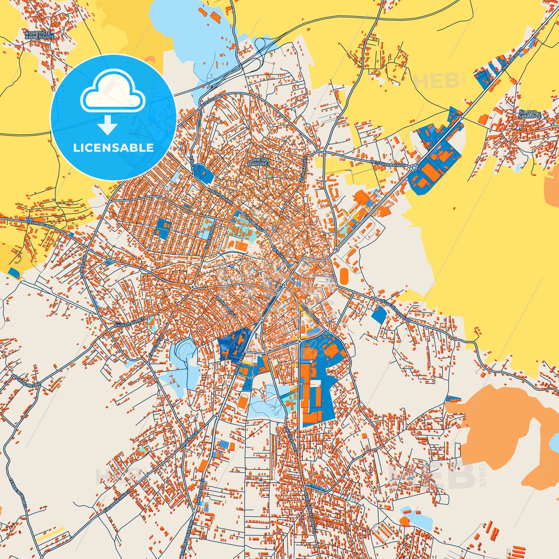 Colorful Gjilani / Gnjilane Street Map with Labels and Buildings