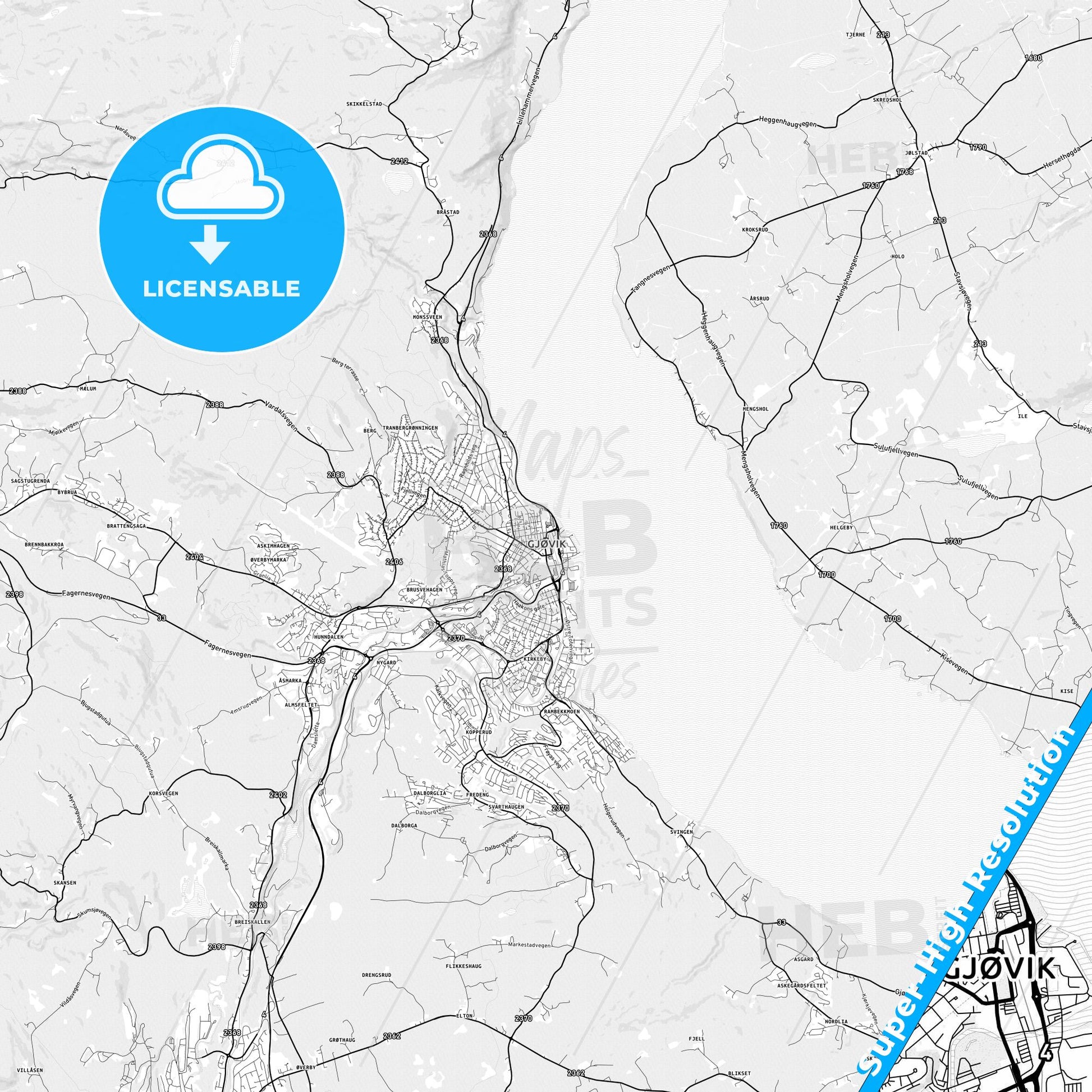 Gjøvik, Norway light map with streetnames, citynames and districts