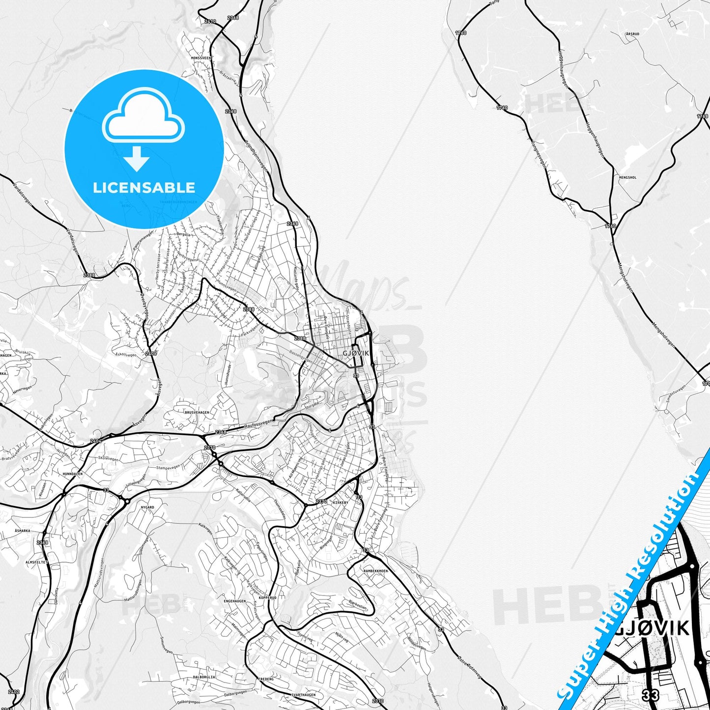 Gjøvik, Norway Light Map with Street Names, City Names, and Districts