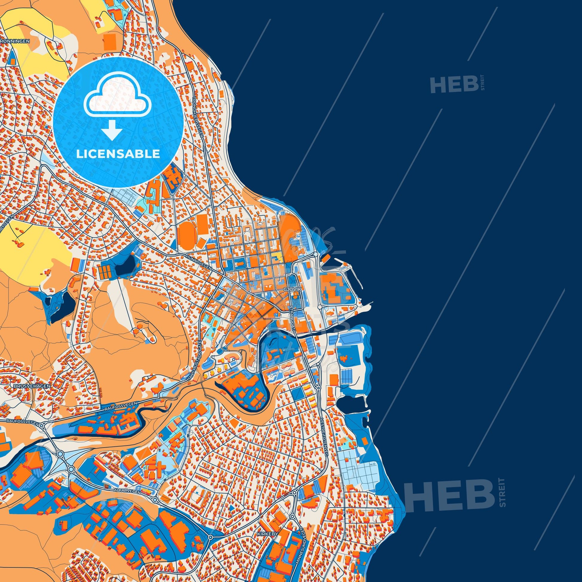Colorful Gjøvik Street Map with Labels and Buildings