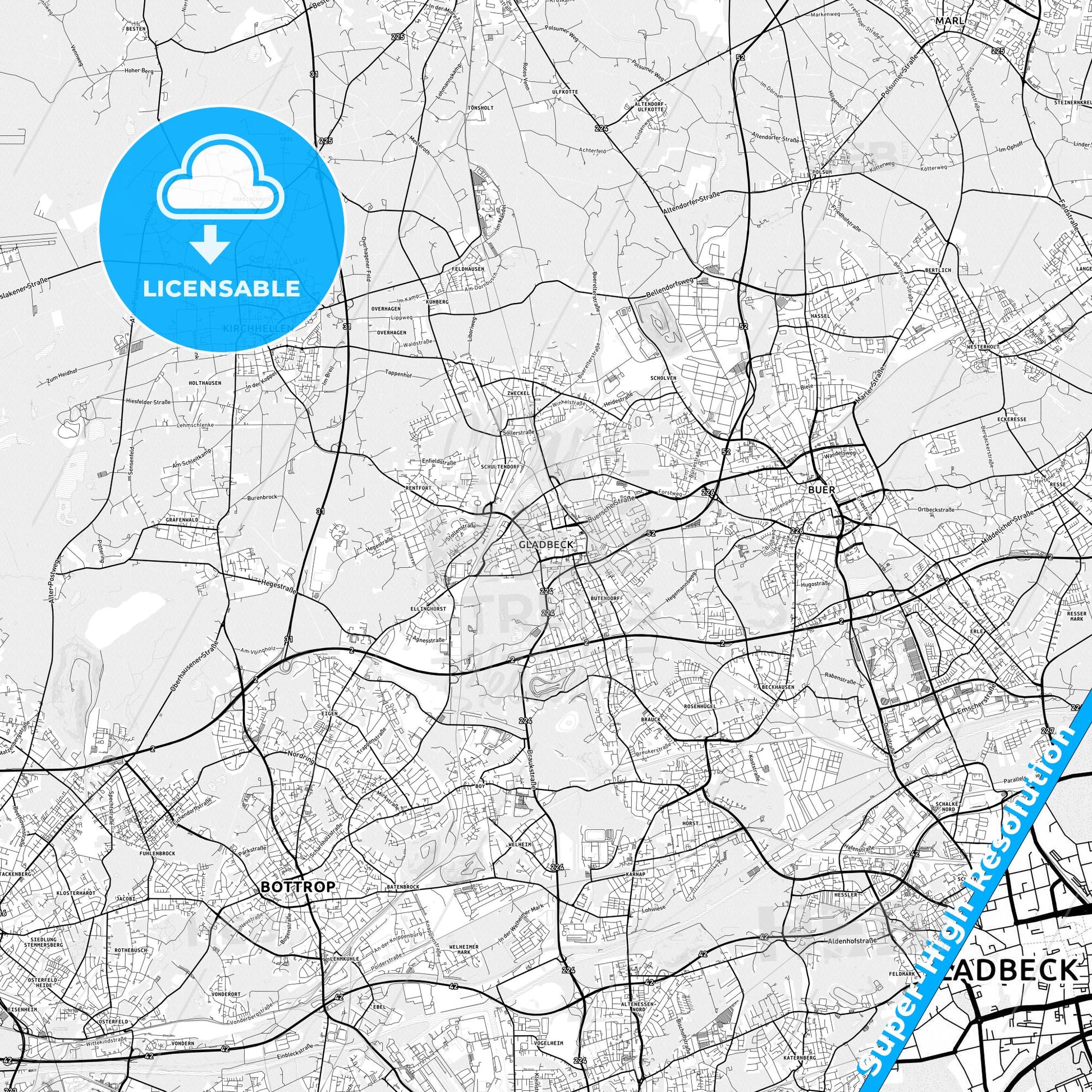 Gladbeck, Germany light map with streetnames, citynames and districts