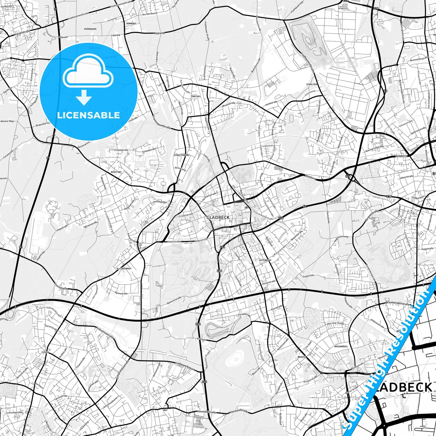 Gladbeck, Germany Light Map with Street Names, City Names, and Districts