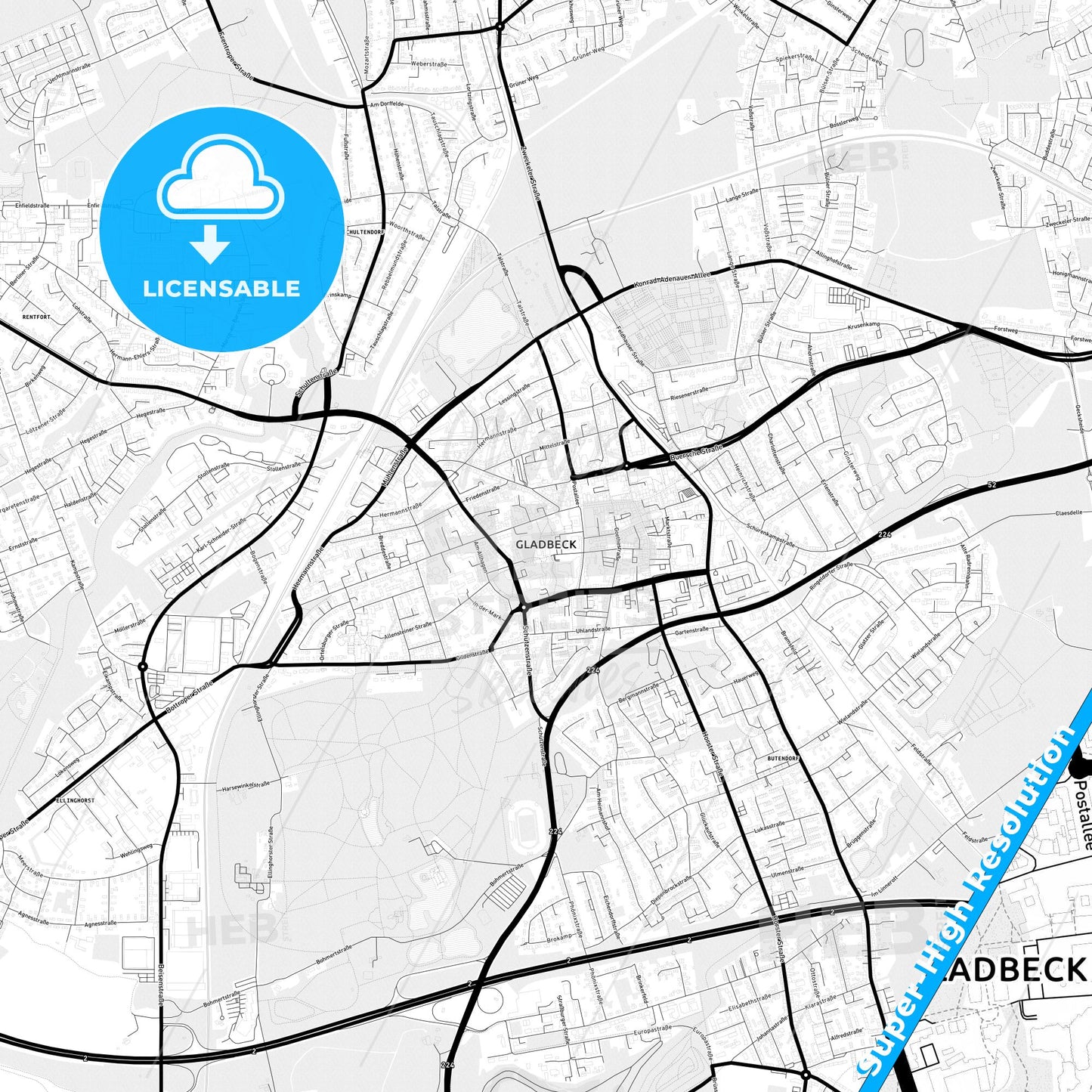 Gladbeck, Germany Light Map with Street Names, City Names, and Districts