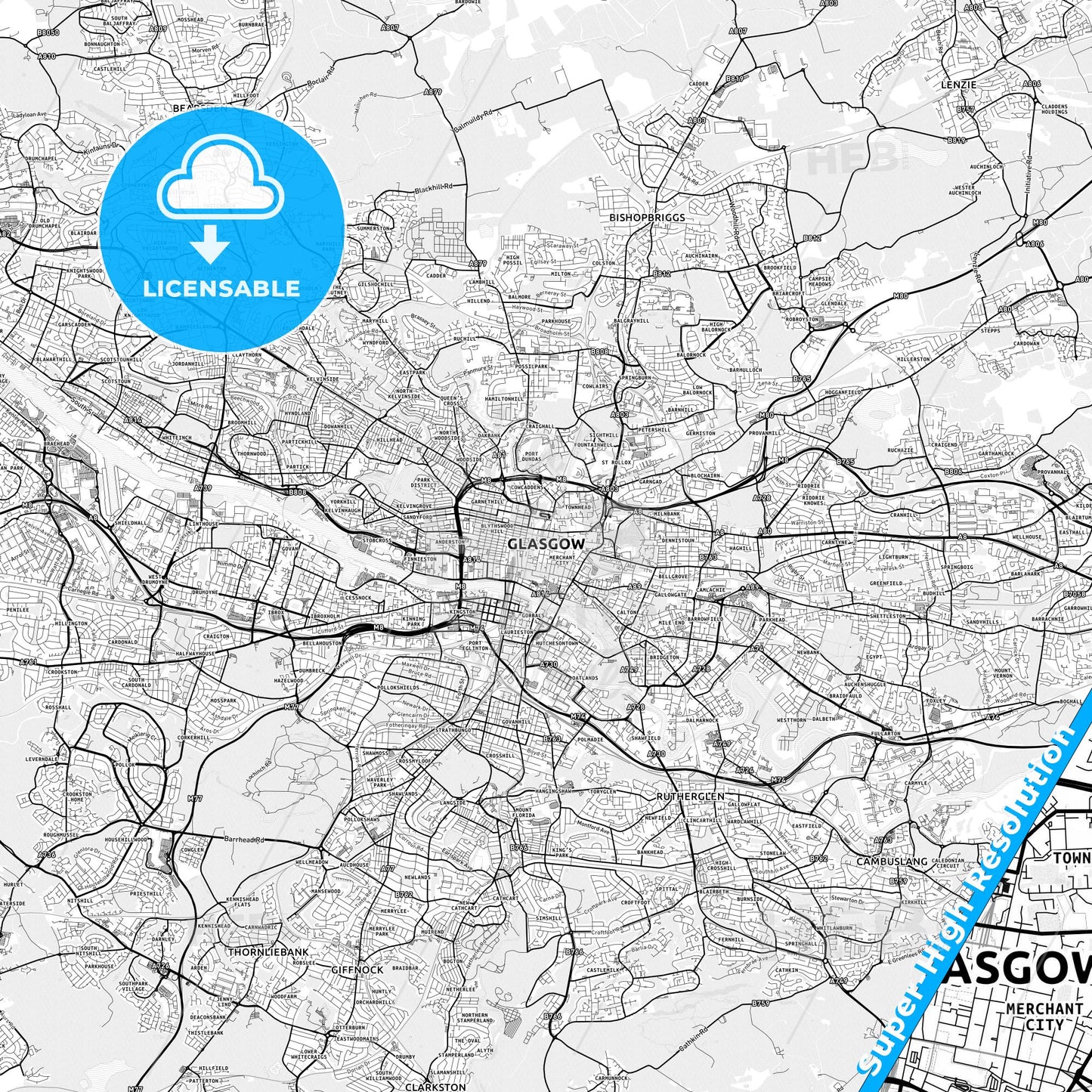 Glasgow, Scotland light map with streetnames, citynames and districts