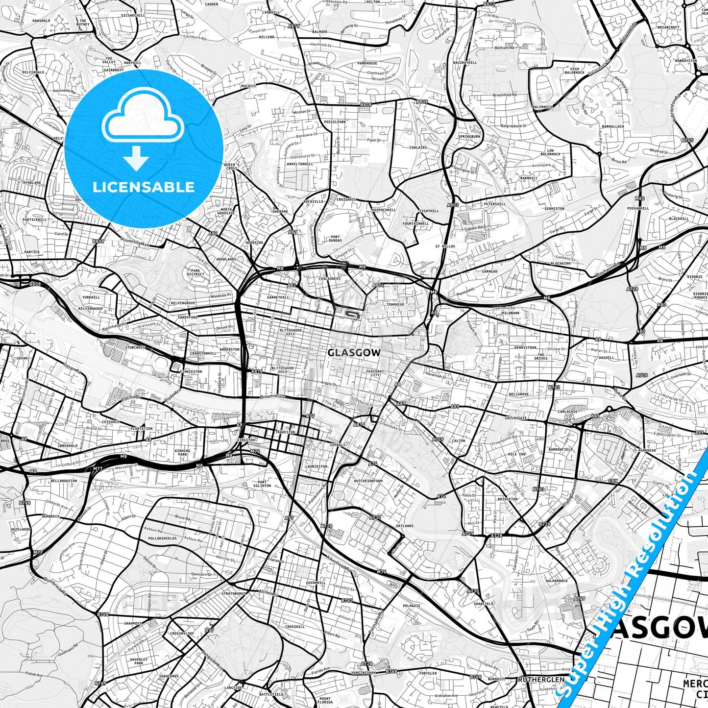 Glasgow, Scotland Light Map with Street Names, City Names, and Districts