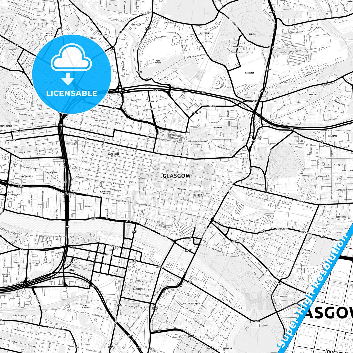 Glasgow, Scotland Light Map with Street Names, City Names, and Districts