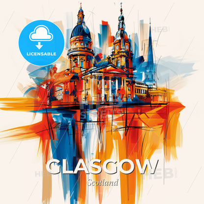 Vibrant Glasgow, Scotland - A Painting Of A Building With Towers And Spires - Square format print template