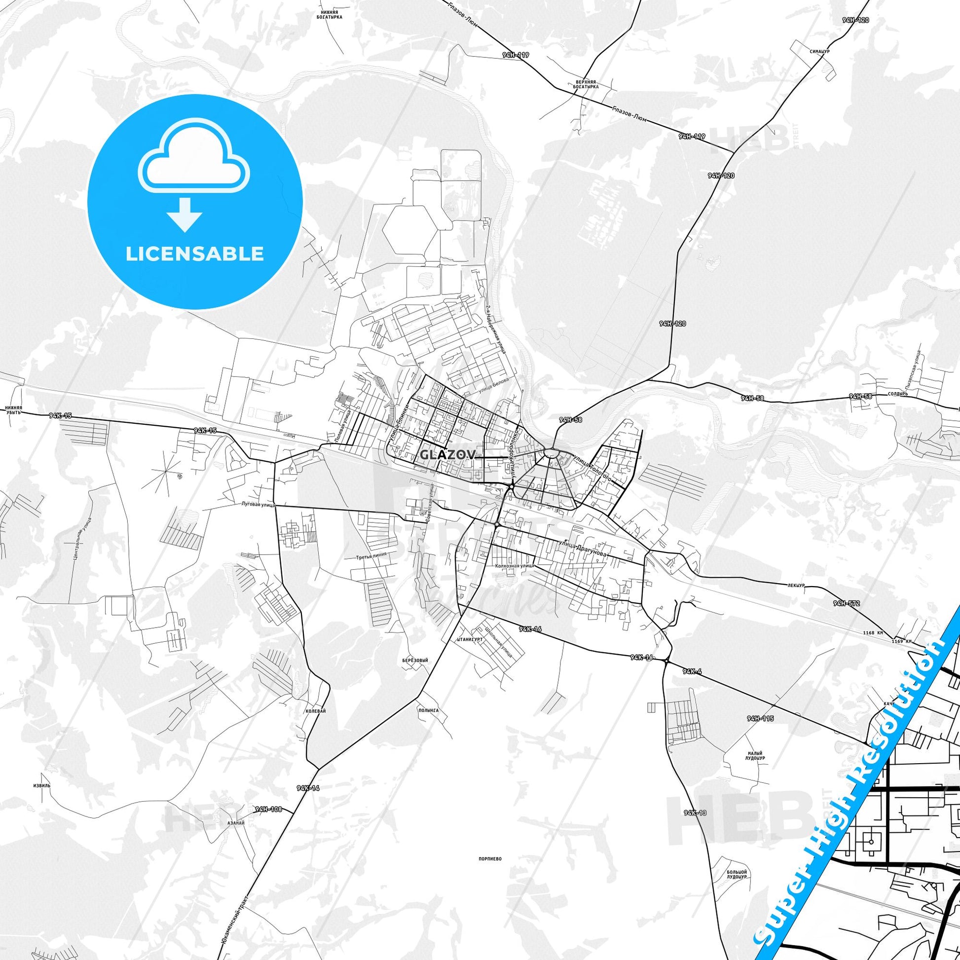 Glazov, Russia light map with streetnames, citynames and districts