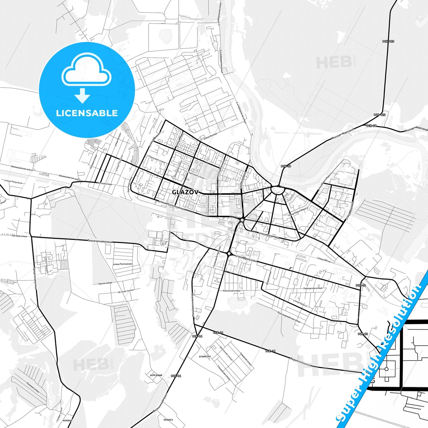 Glazov, Russia Light Map with Street Names, City Names, and Districts