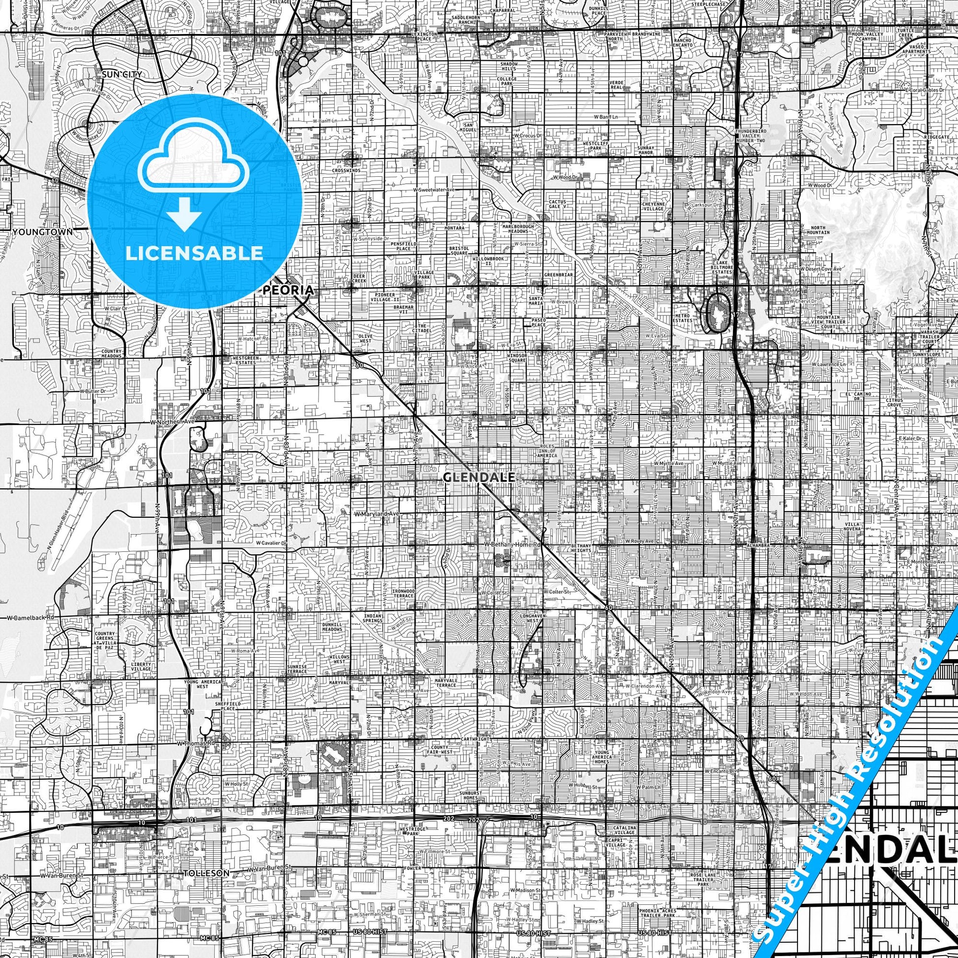 Glendale, Arizona light map with streetnames, citynames and districts