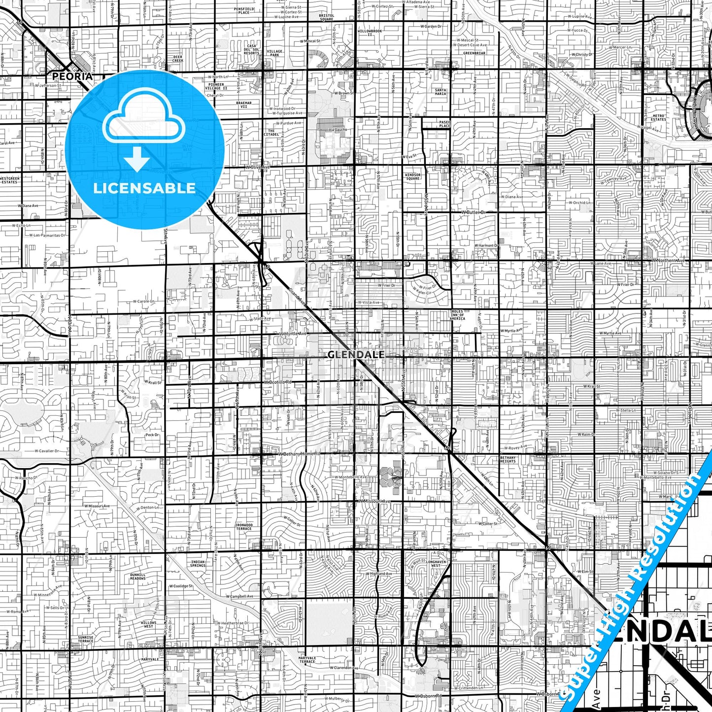 Glendale, Arizona Light Map with Street Names, City Names, and Districts