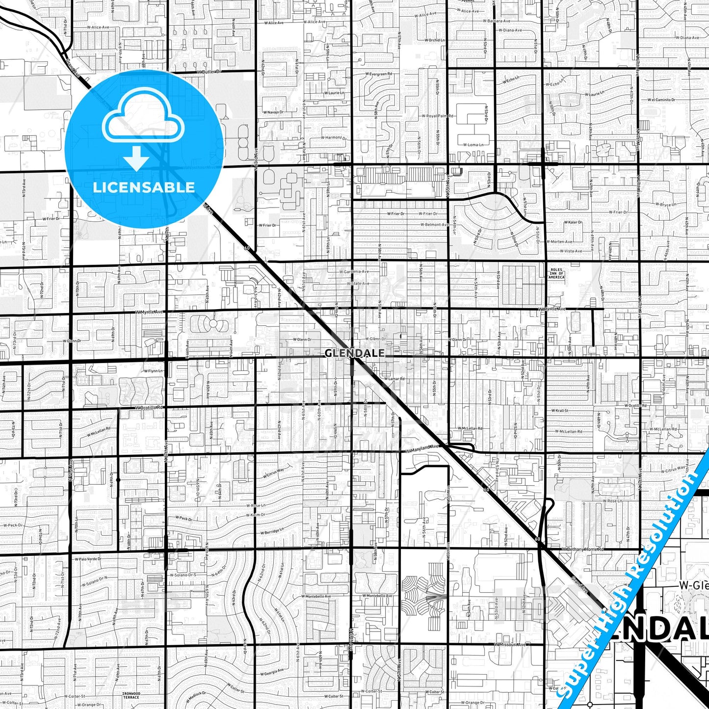 Glendale, Arizona Light Map with Street Names, City Names, and Districts