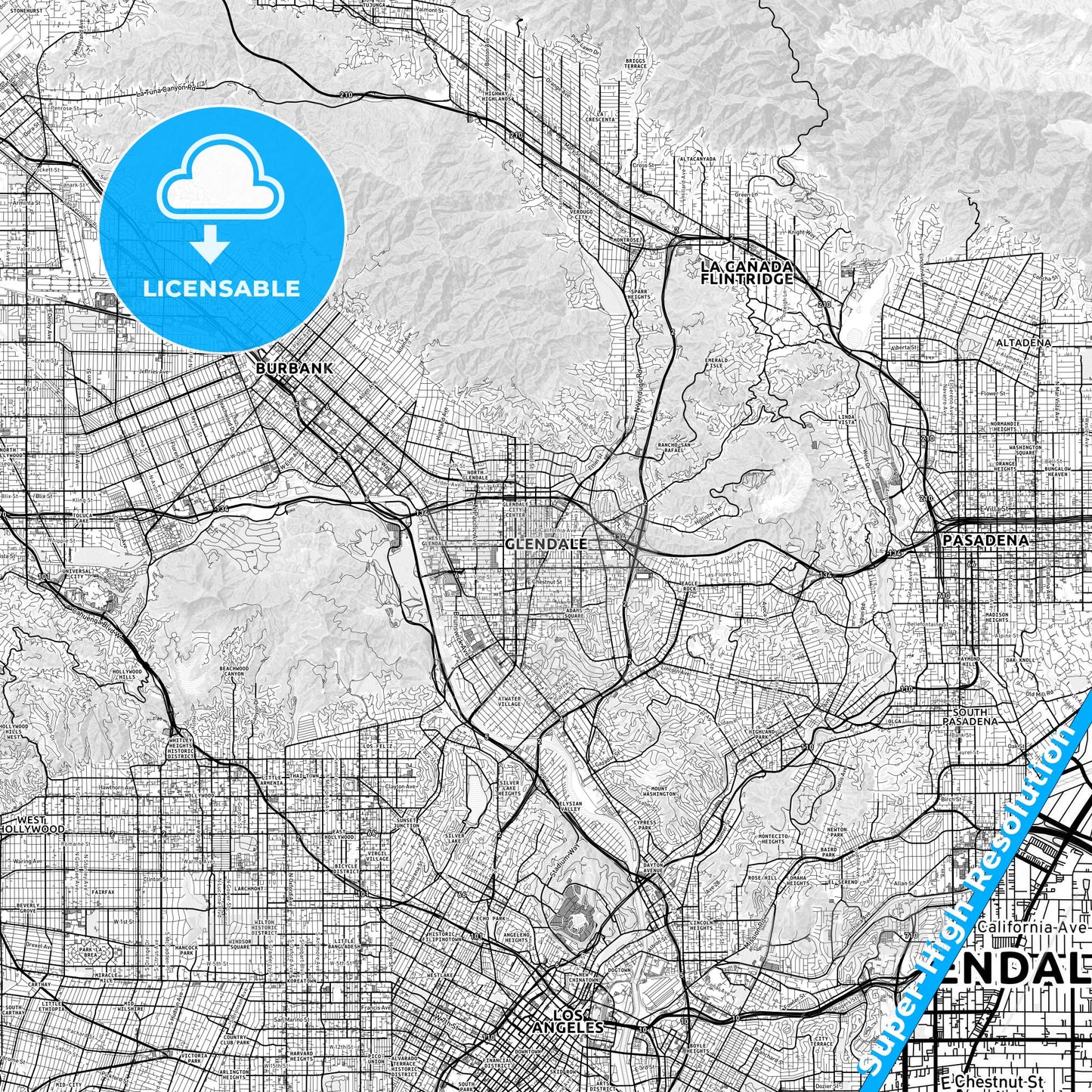Glendale, California light map with streetnames, citynames and districts