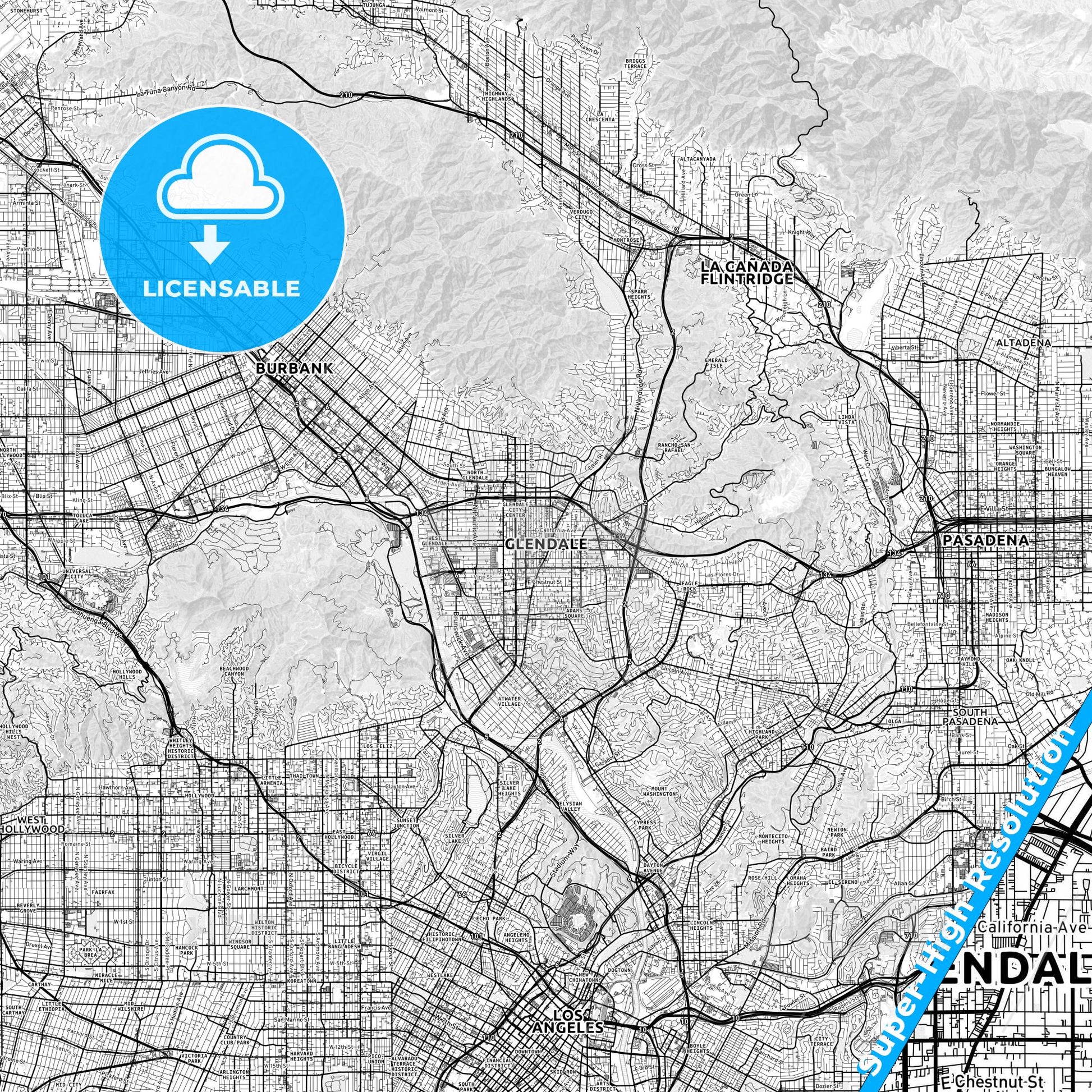 Glendale, California light map with streetnames, citynames and districts