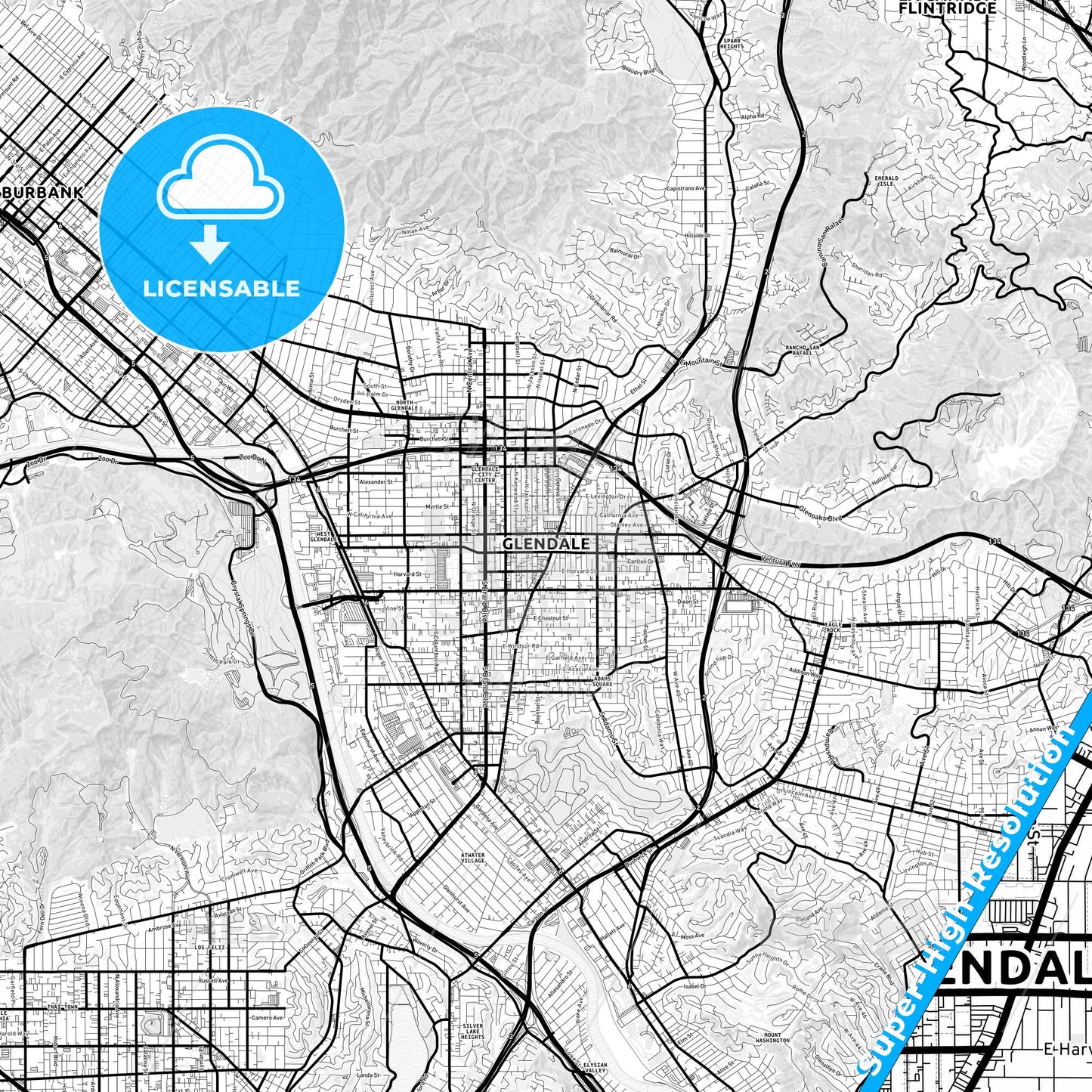 Glendale, California Light Map with Street Names, City Names, and Districts