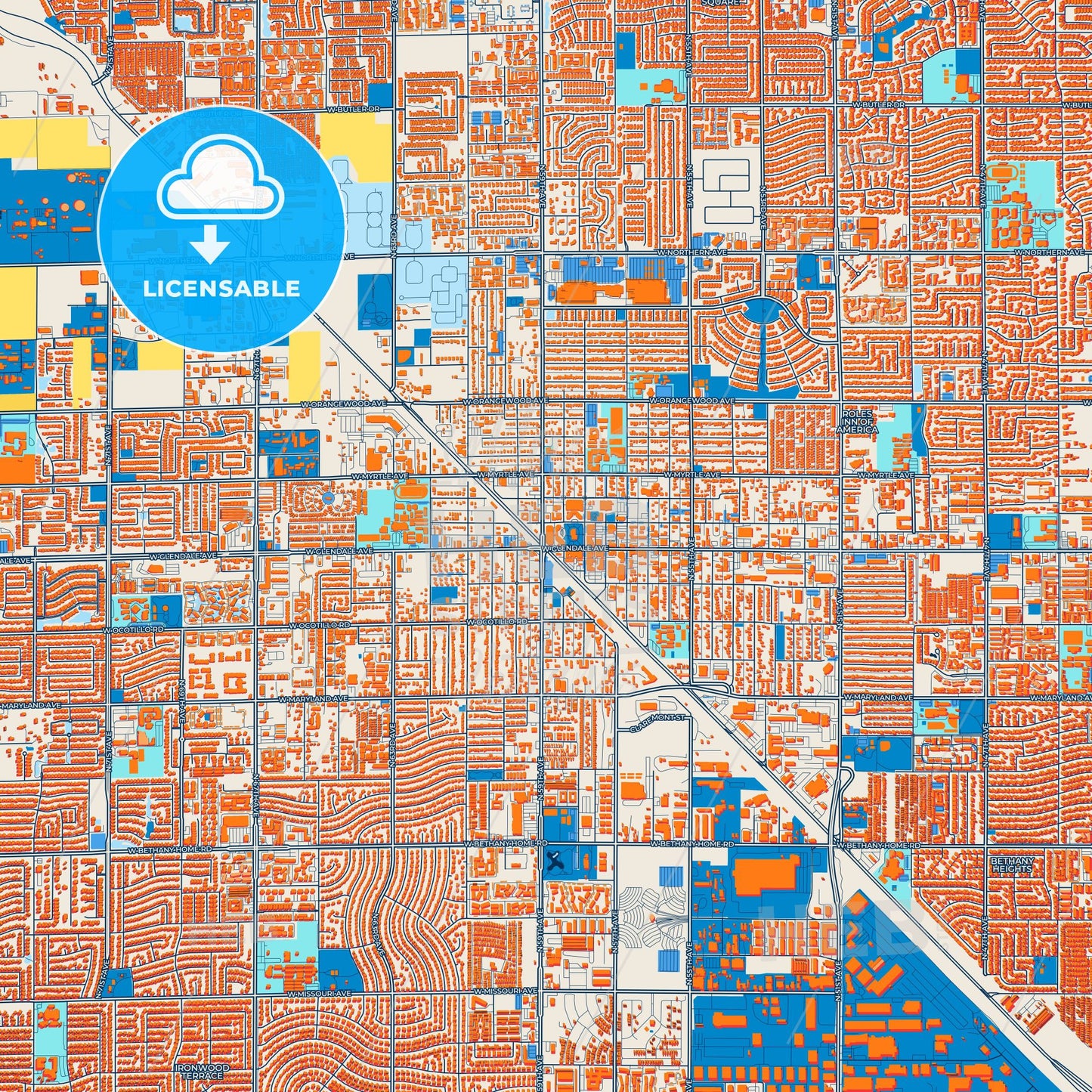 Colorful Glendale Street Map with Labels and Buildings