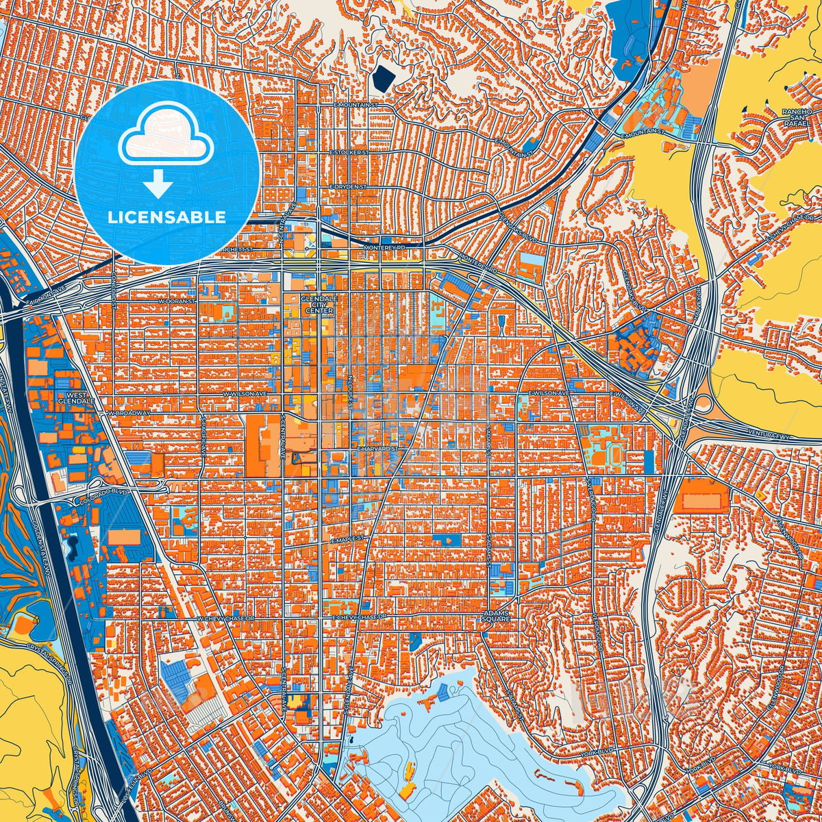 Colorful Glendale Street Map with Labels and Buildings