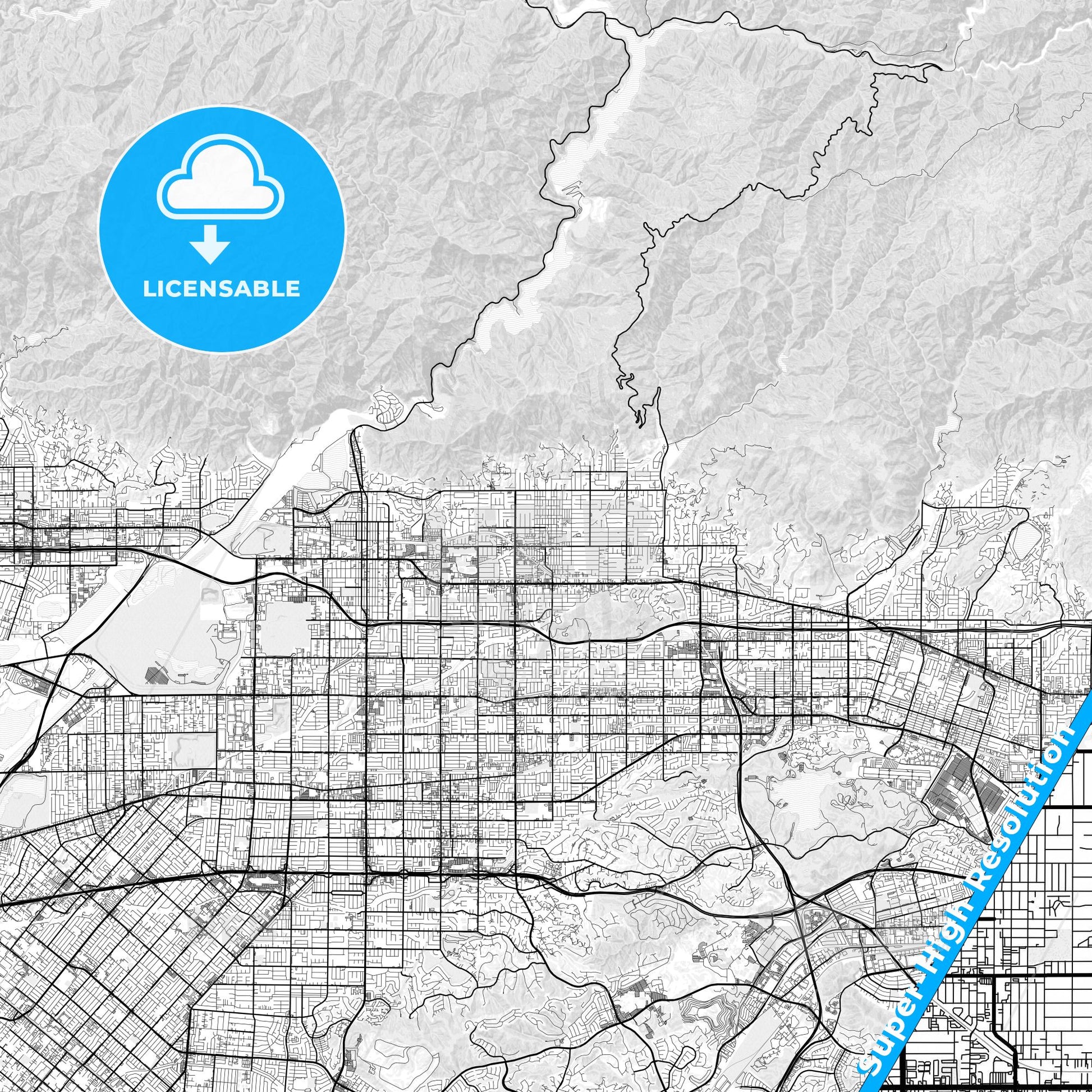 Glendora, California light map with streetnames, citynames and districts