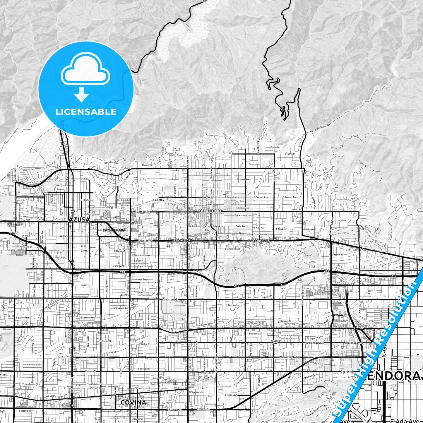 Glendora, California Light Map with Street Names, City Names, and Districts