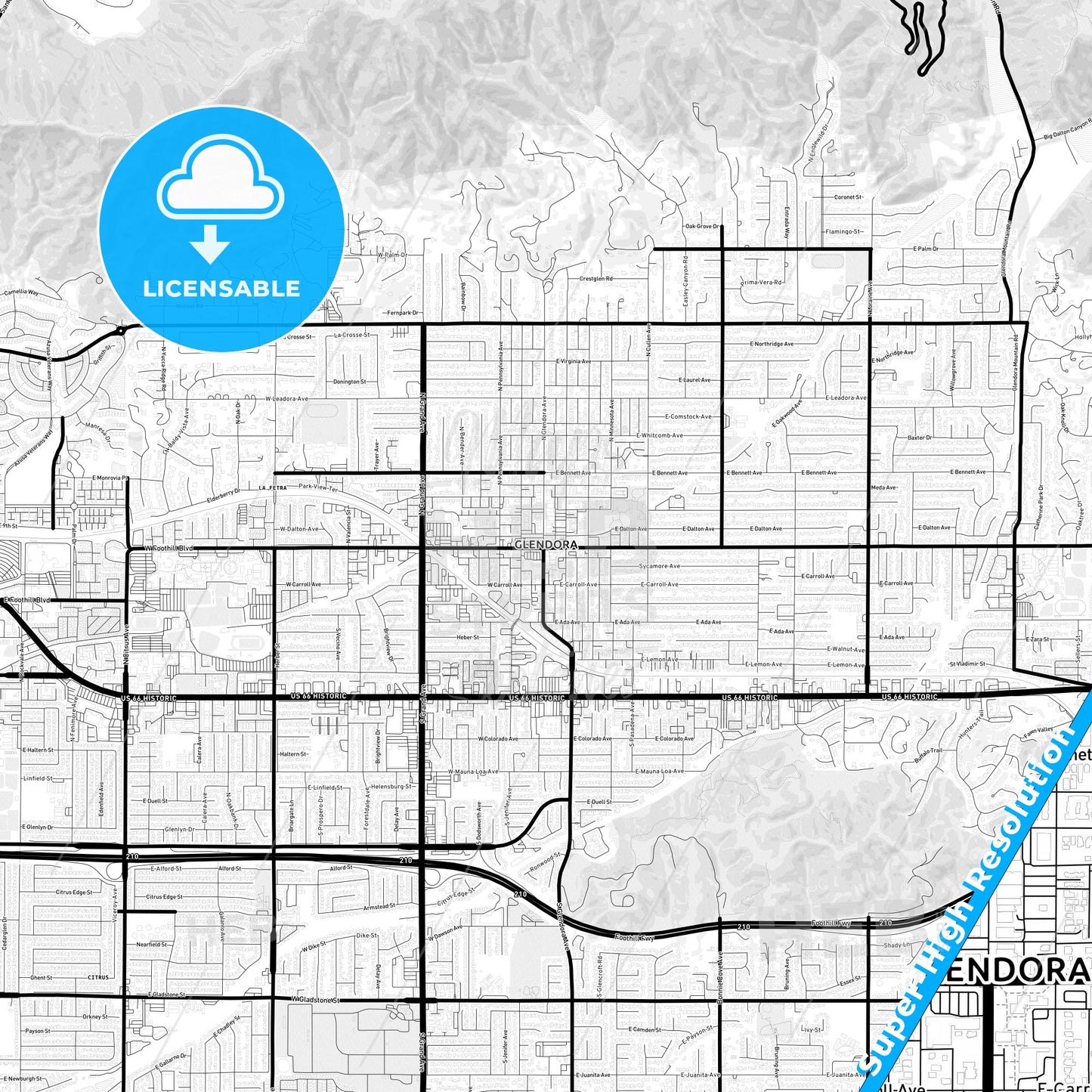 Glendora, California Light Map with Street Names, City Names, and Districts