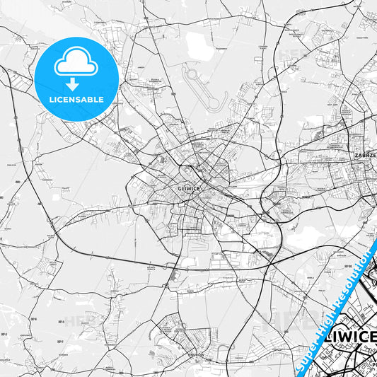 Gliwice, Poland light map with streetnames, citynames and districts