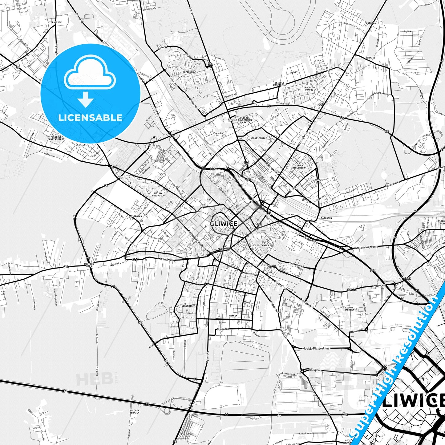 Gliwice, Poland Light Map with Street Names, City Names, and Districts
