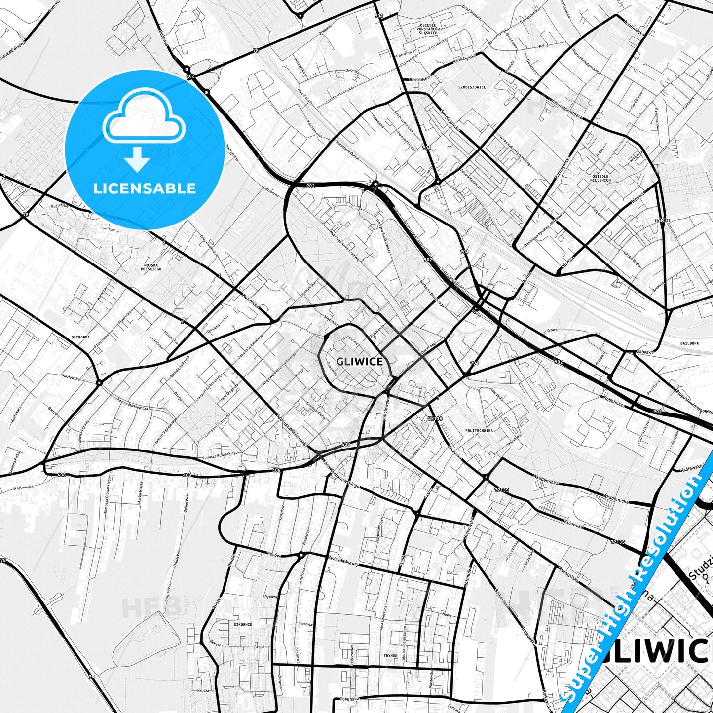 Gliwice, Poland Light Map with Street Names, City Names, and Districts