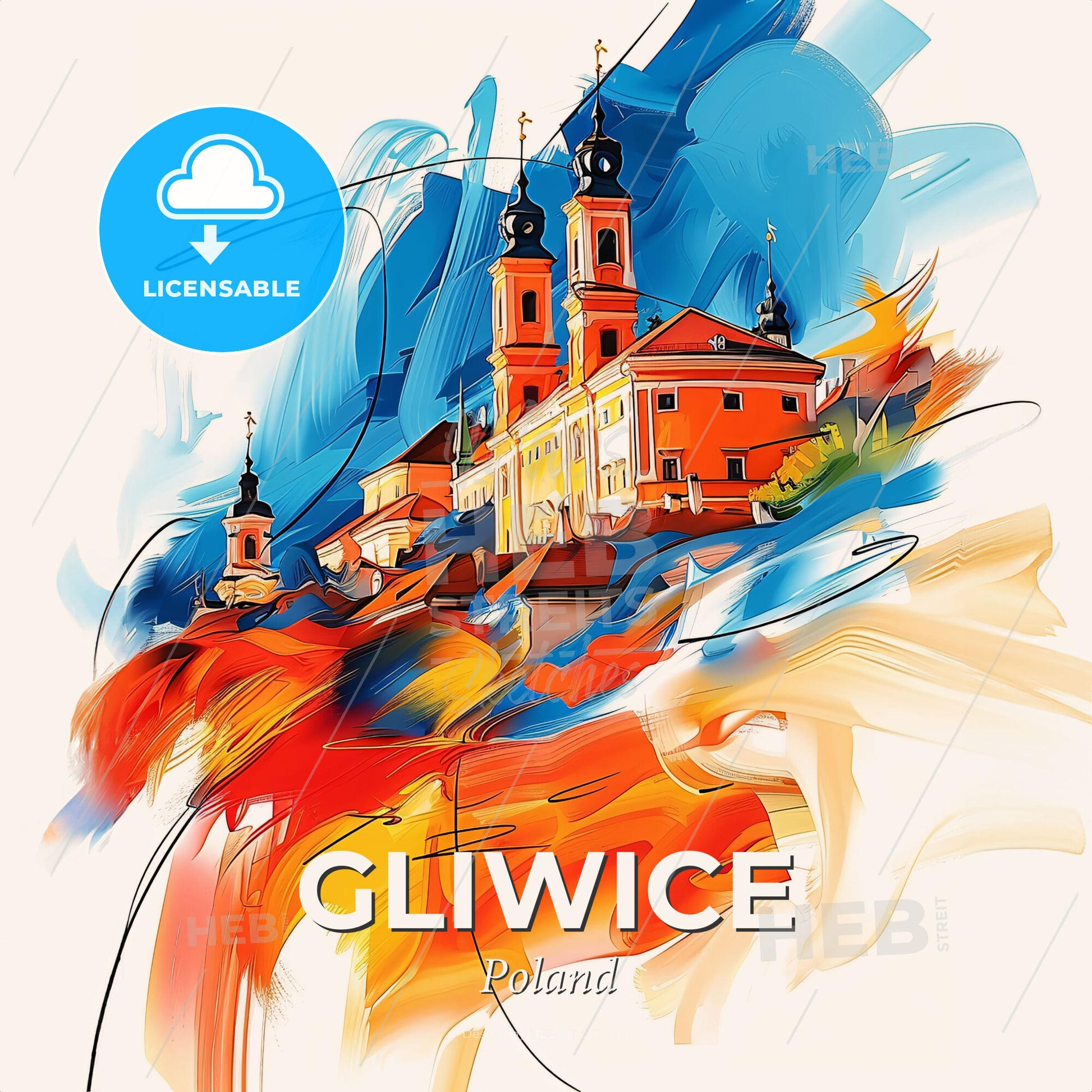 Vibrant Gliwice, Poland - A Painting Of A Building With Towers - Square format print template