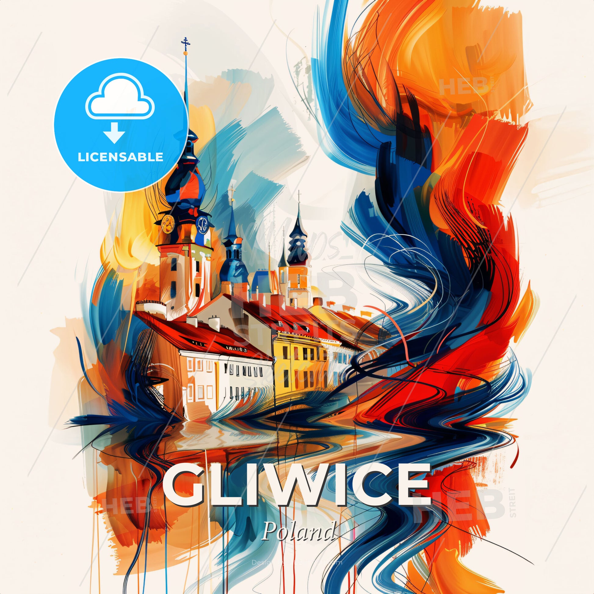 Vibrant Gliwice, Poland - A Painting Of A Building And A Tower - Square format print template