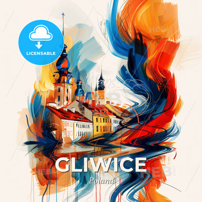 Vibrant Gliwice, Poland - A Painting Of A Building And A Tower - Square format print template