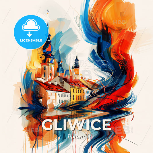 Vibrant Gliwice, Poland - A Painting Of A Building And A Tower - Square format print template