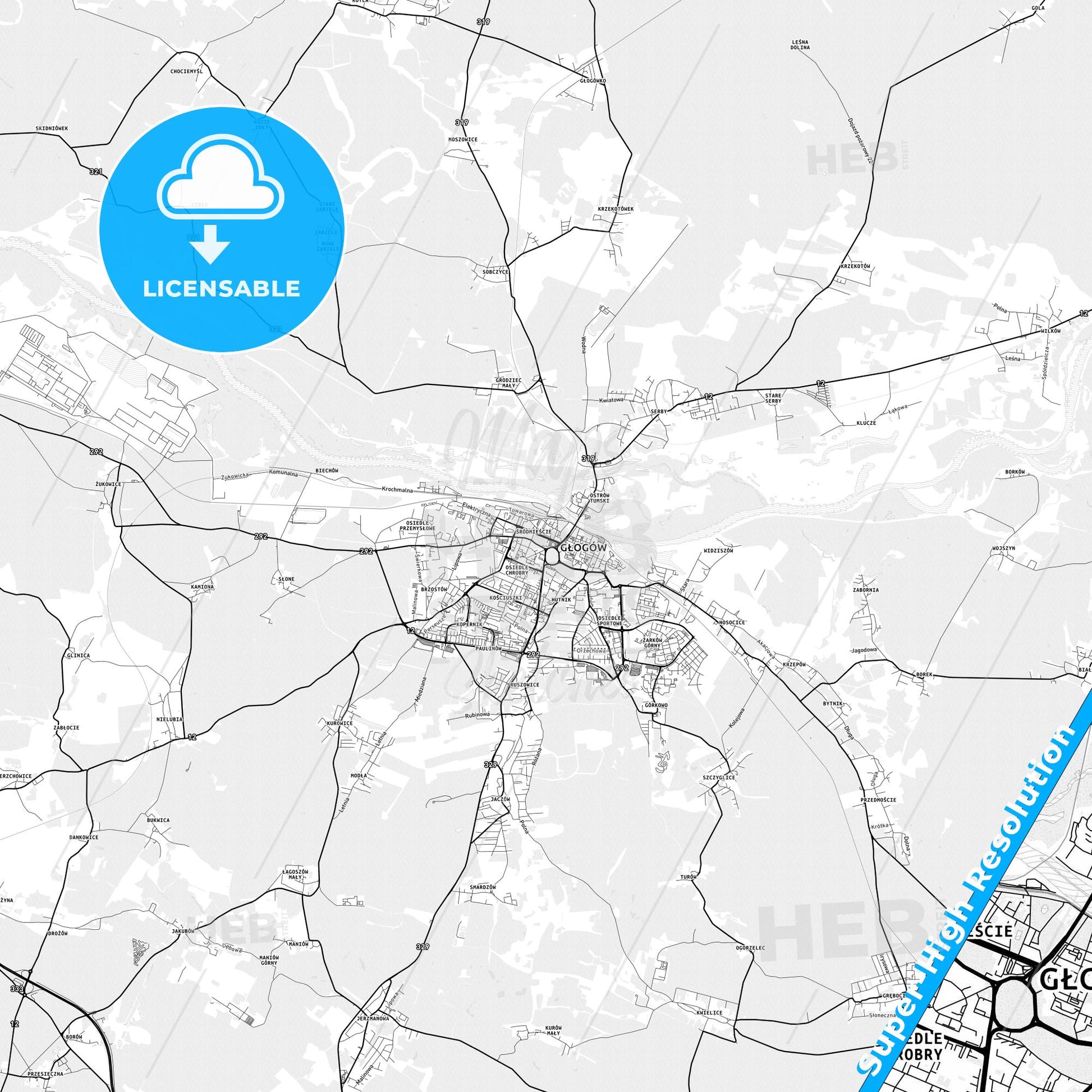 Głogów, Poland light map with streetnames, citynames and districts