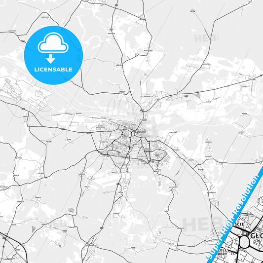 Głogów, Poland light map with streetnames, citynames and districts