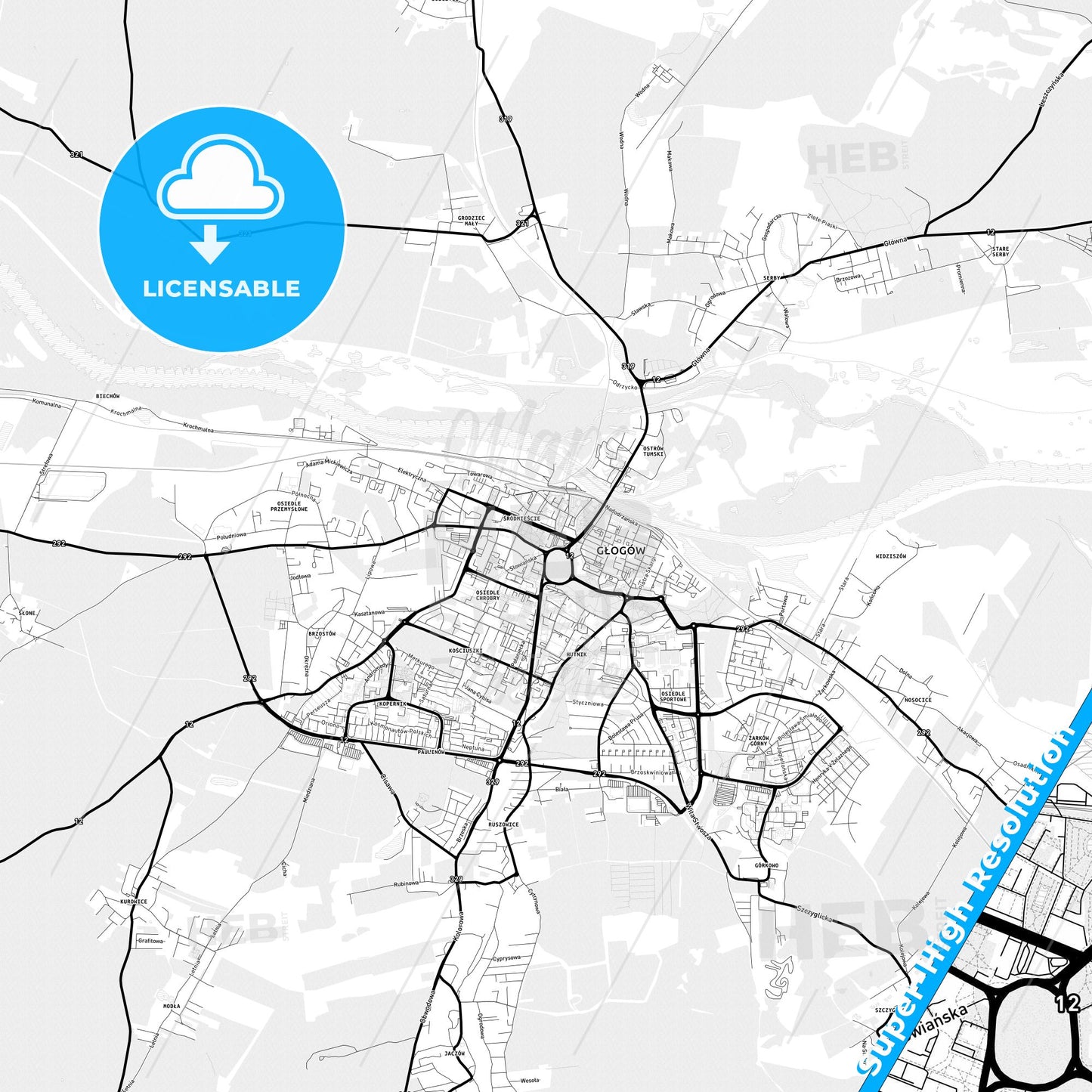 Głogów, Poland Light Map with Street Names, City Names, and Districts
