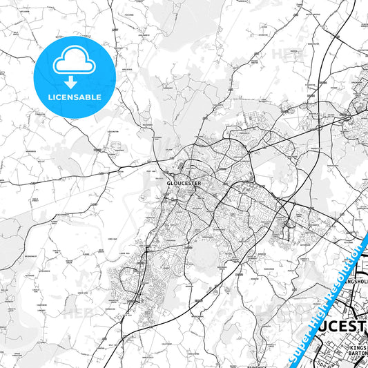 Gloucester, England light map with streetnames, citynames and districts