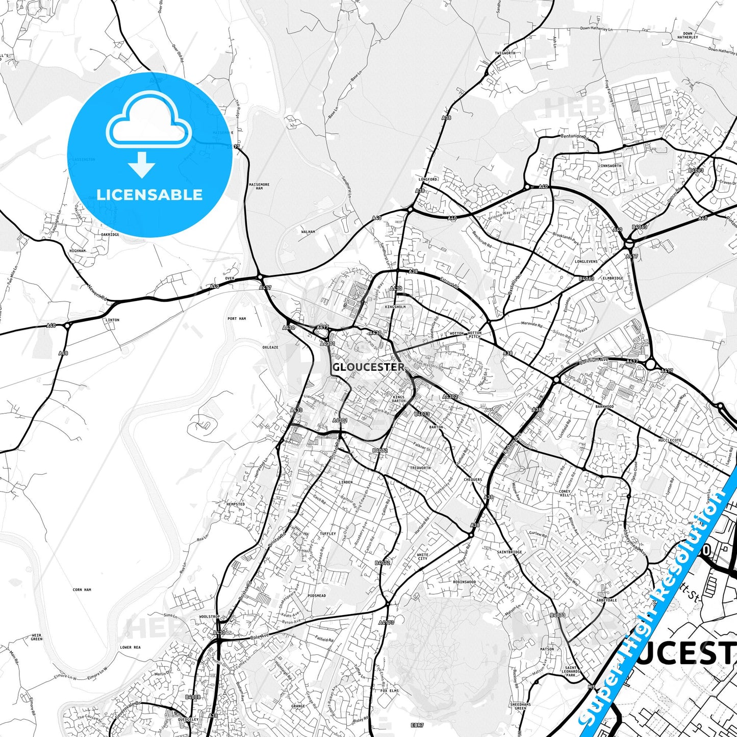 Gloucester, England Light Map with Street Names, City Names, and Districts