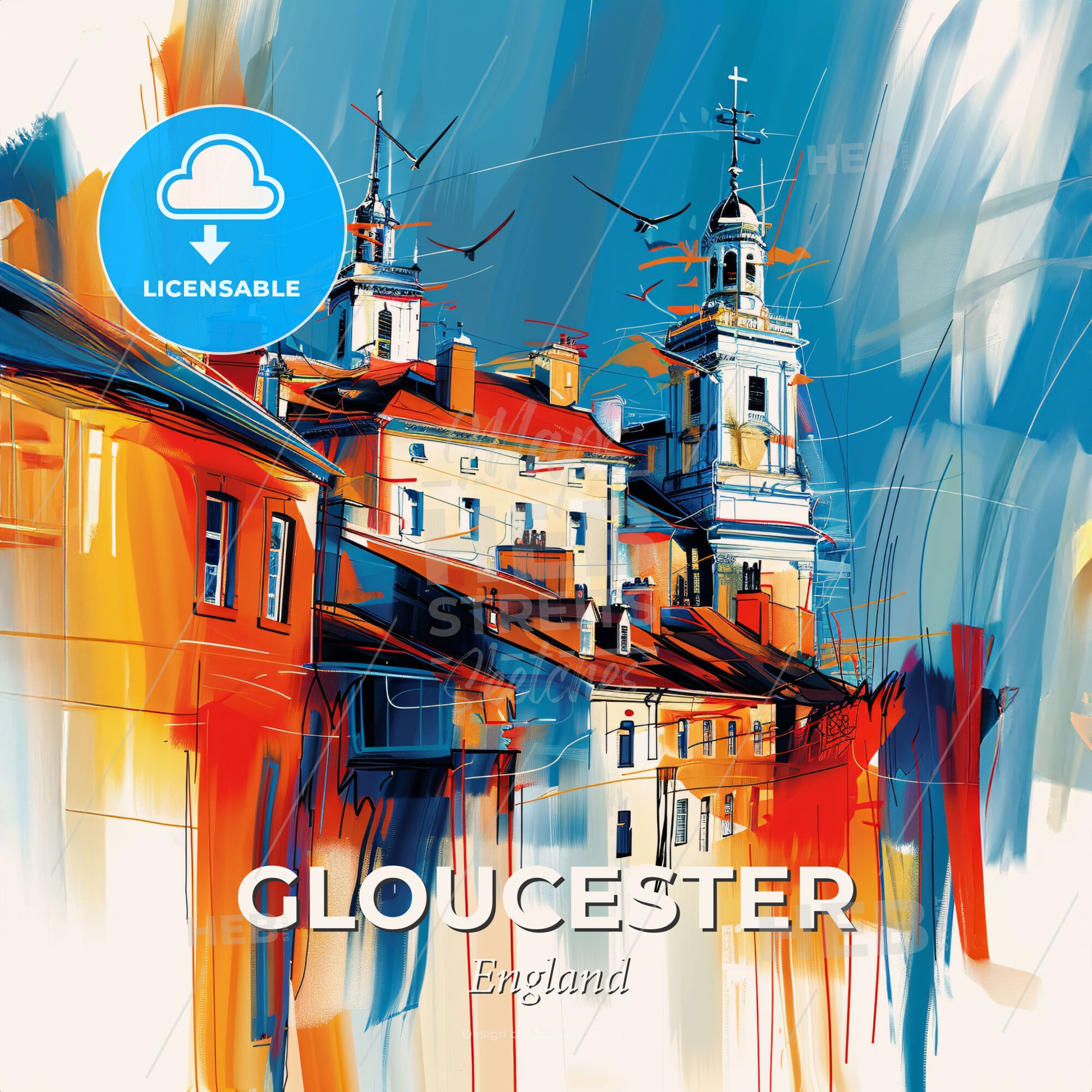 Vibrant Gloucester, England - A Painting Of A Building With Towers And Birds - Square format print template