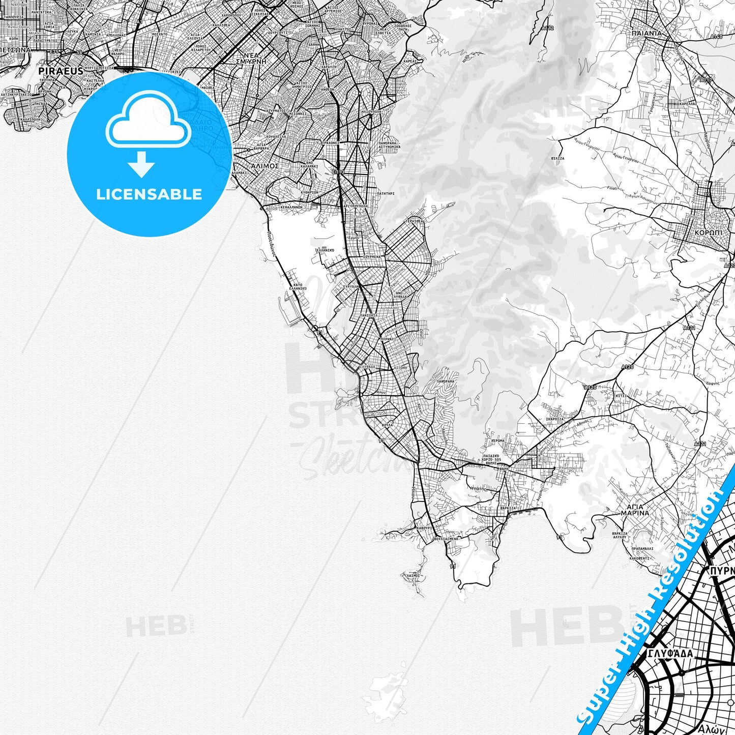 Glyfada, Greece light map with streetnames, citynames and districts