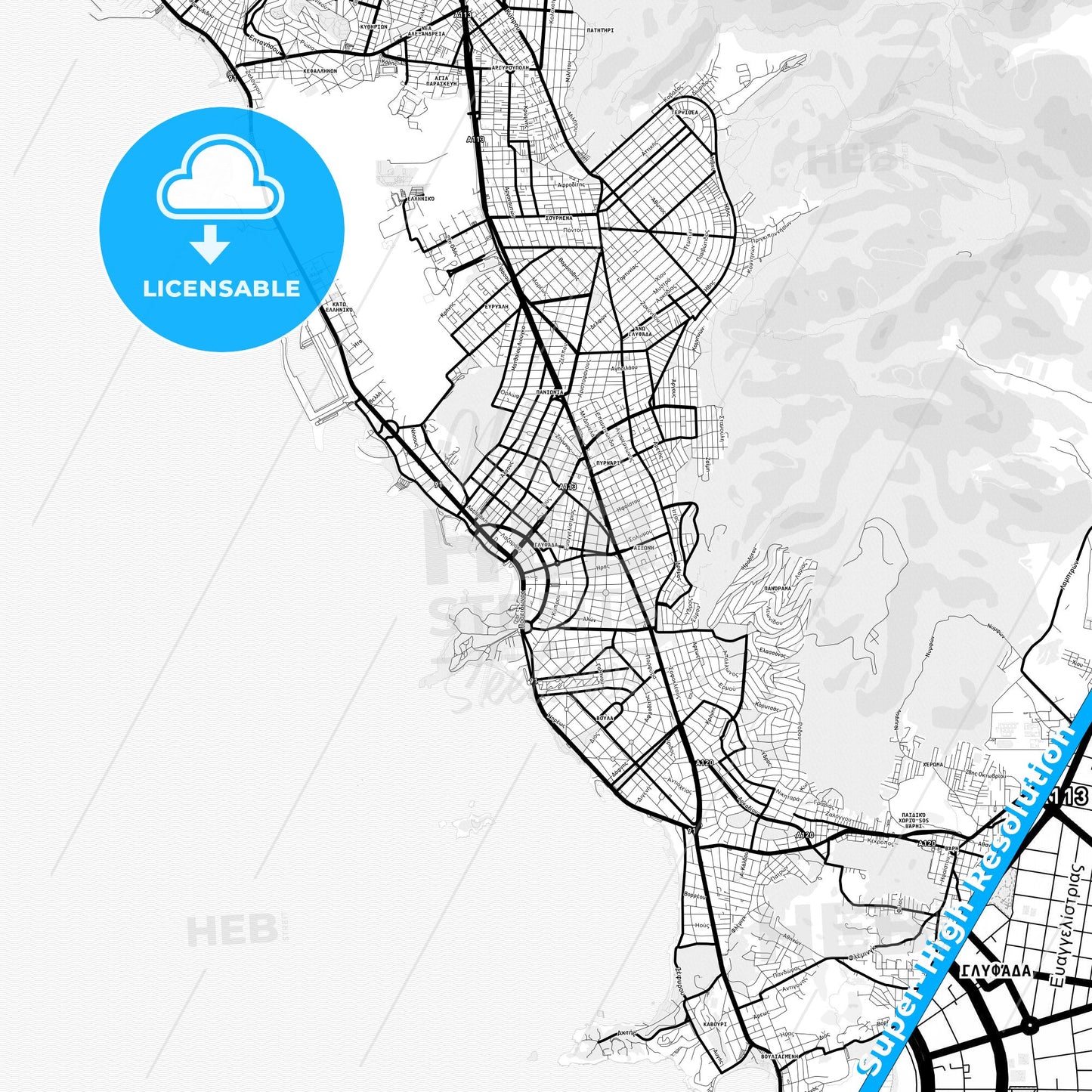 Glyfada, Greece Light Map with Street Names, City Names, and Districts