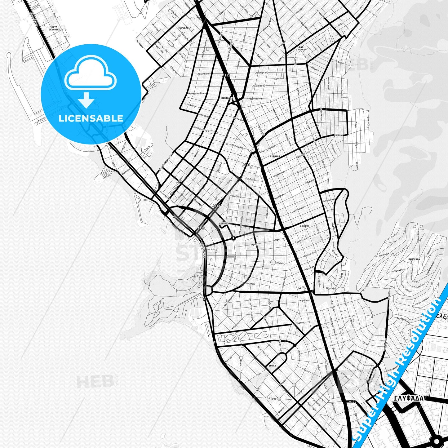 Glyfada, Greece Light Map with Street Names, City Names, and Districts
