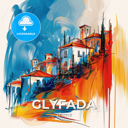 Vibrant Glyfada, Greece - A Painting Of A Town On A Hill - Square format print template