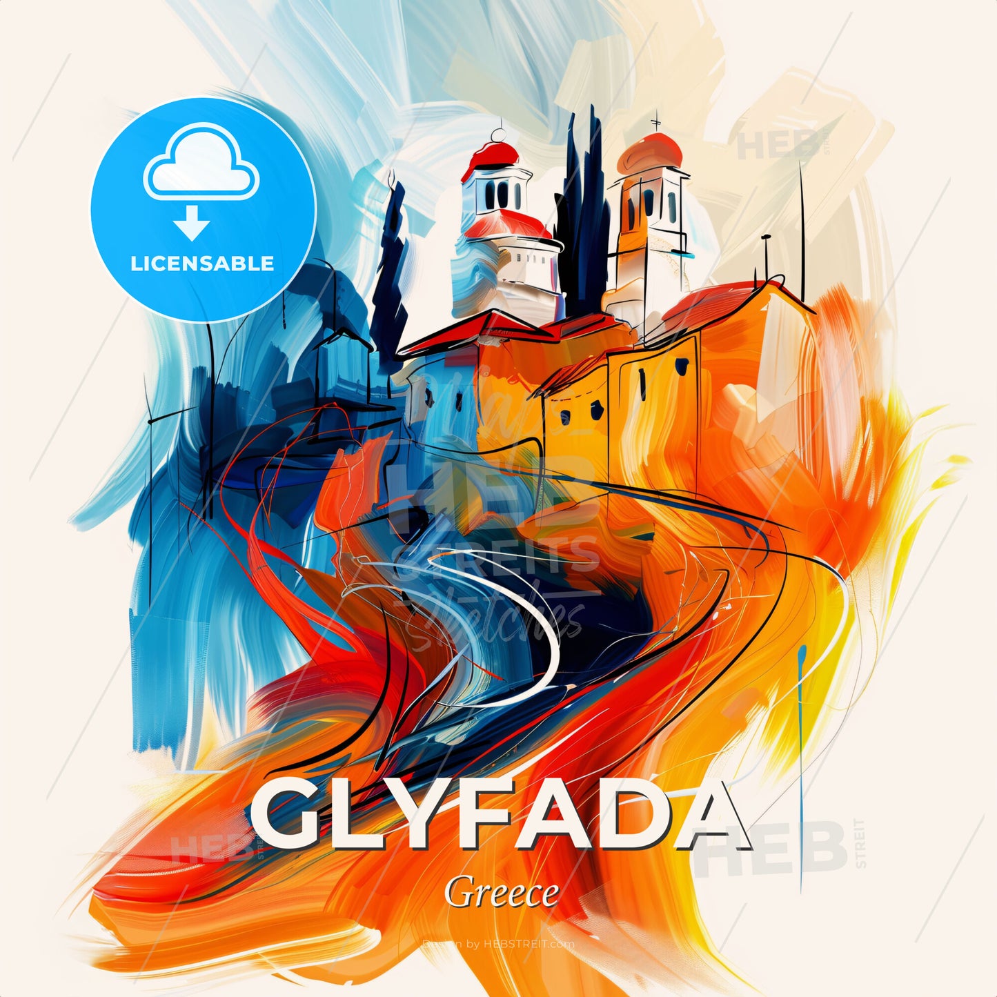 Vibrant Glyfada, Greece - A Painting Of A Town - Square format print template